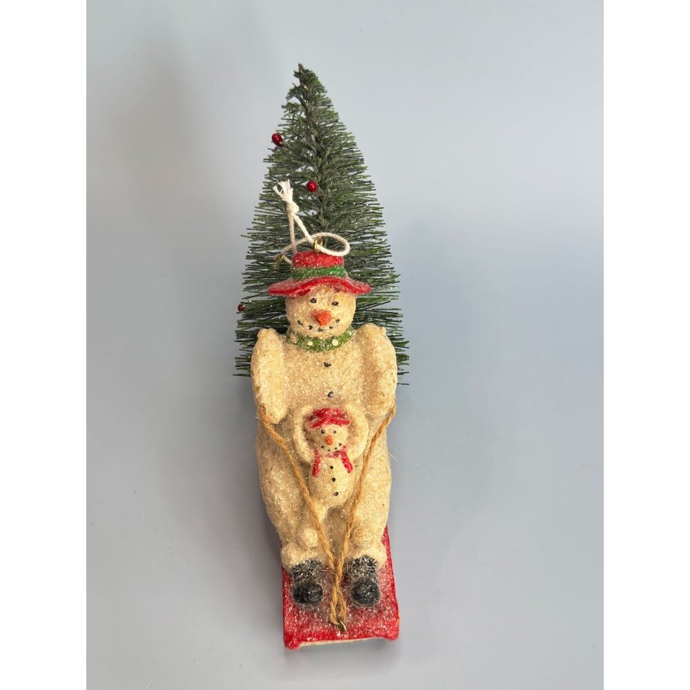 Snowman & Snowchild Sledding with Bottle Brush Christmas Tree Ornament